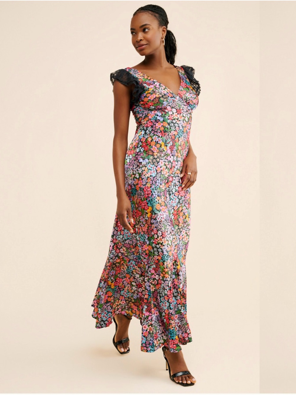 Beach Riot Anthropologie Floral V-Neck Maxi Dress with Lace Cap Sleeves Medium
